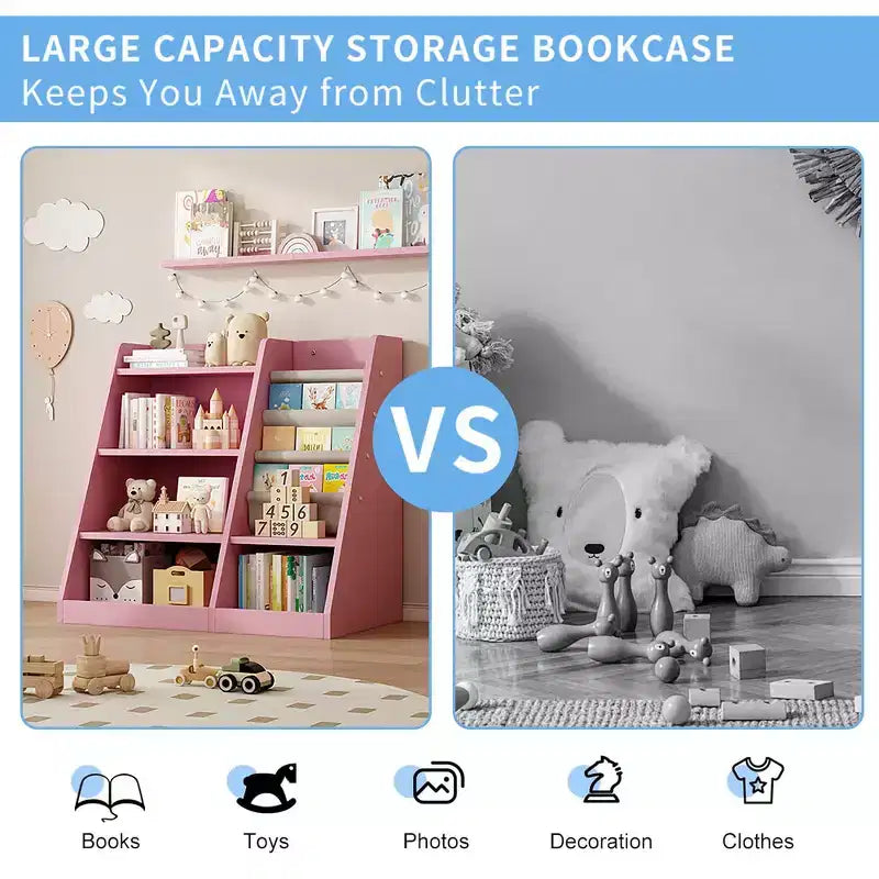 Étagère à livres 4 niveaux Whisen pour enfants, en bois composite robuste, 3 compartiments de rangement profonds en tissu, stimule la lecture et l'organisation