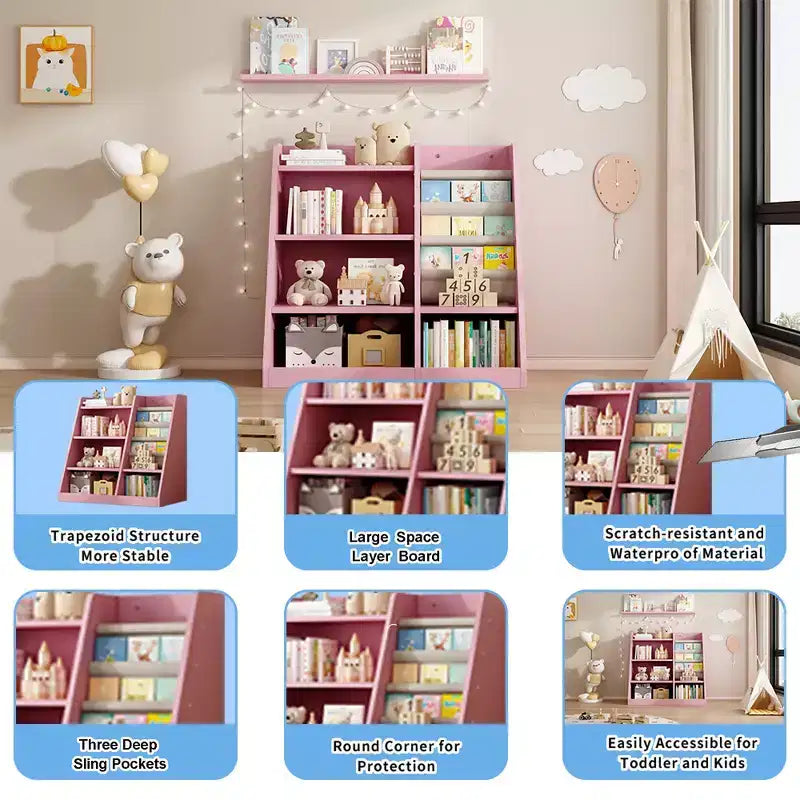 Étagère à livres 4 niveaux Whisen pour enfants, en bois composite robuste, 3 compartiments de rangement profonds en tissu, stimule la lecture et l'organisation