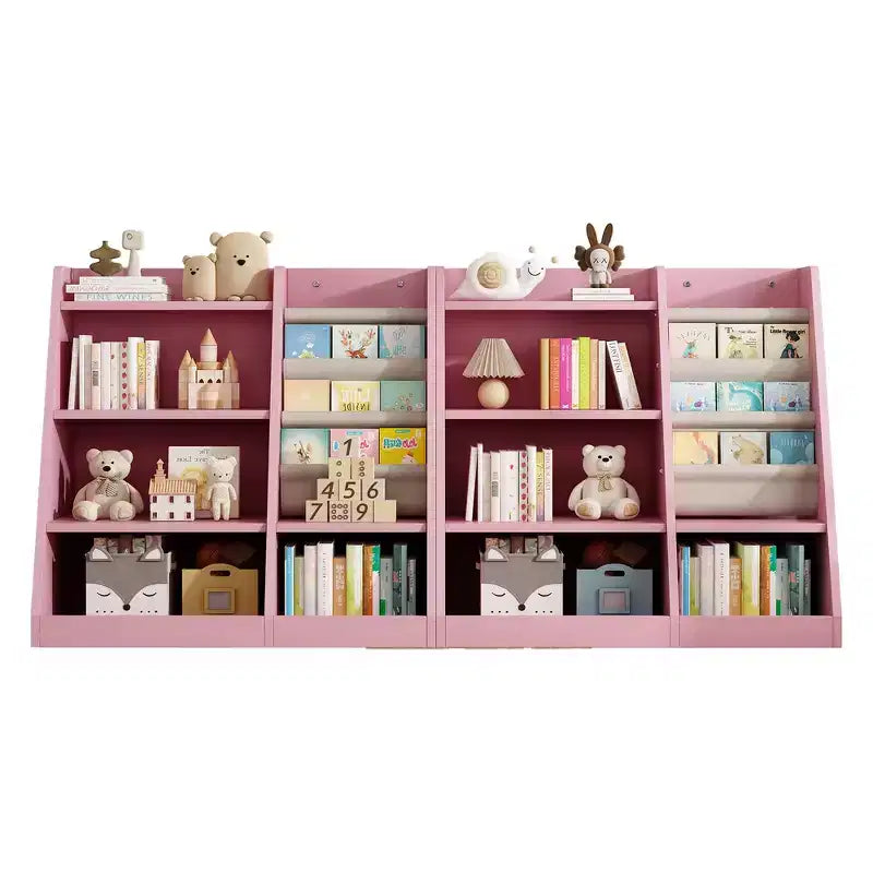 Étagère à livres 4 niveaux Whisen pour enfants, en bois composite robuste, 3 compartiments de rangement profonds en tissu, stimule la lecture et l'organisation