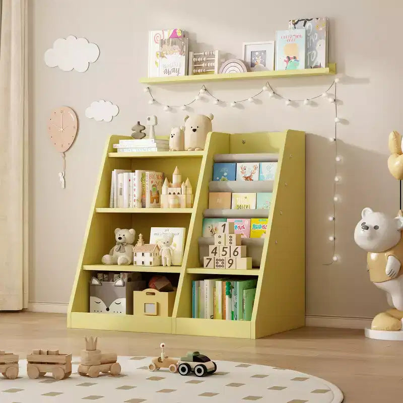 Étagère à livres 4 niveaux Whisen pour enfants, en bois composite robuste, 3 compartiments de rangement profonds en tissu, stimule la lecture et l'organisation