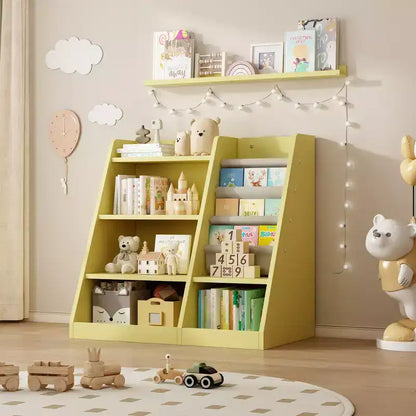Étagère à livres 4 niveaux Whisen pour enfants, en bois composite robuste, 3 compartiments de rangement profonds en tissu, stimule la lecture et l'organisation