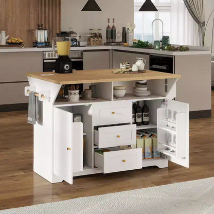 GDFStudio Lumi Îlot de cuisine multifonctionnel et extensible avec 5 roulettes, 2 portes et 3 tiroirs