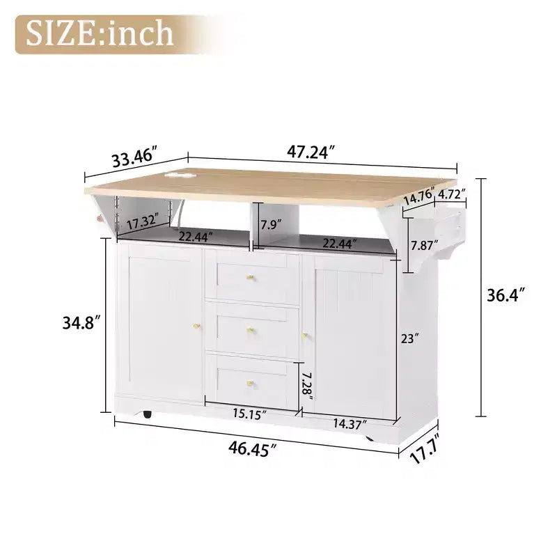 GDFStudio Lumi Îlot de cuisine multifonctionnel et extensible avec 5 roulettes, 2 portes et 3 tiroirs