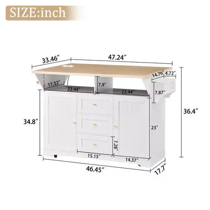 GDFStudio Lumi Îlot de cuisine multifonctionnel et extensible avec 5 roulettes, 2 portes et 3 tiroirs