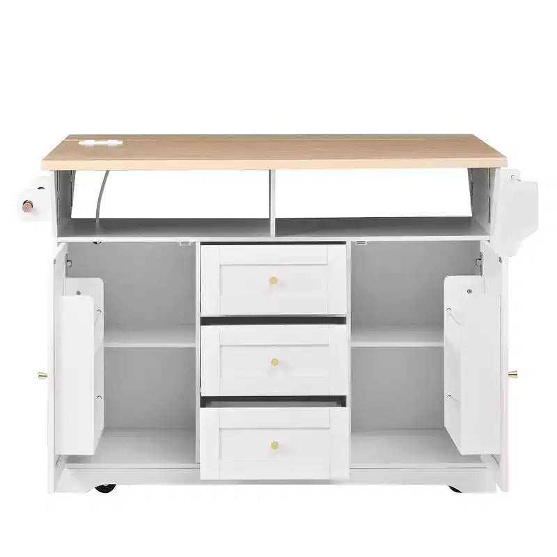 GDFStudio Lumi Îlot de cuisine multifonctionnel et extensible avec 5 roulettes, 2 portes et 3 tiroirs