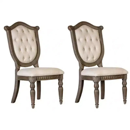 Lot de 2 chaises de salle à manger Royal Hampton, bois de chêne vieilli, tissu beige capitonné