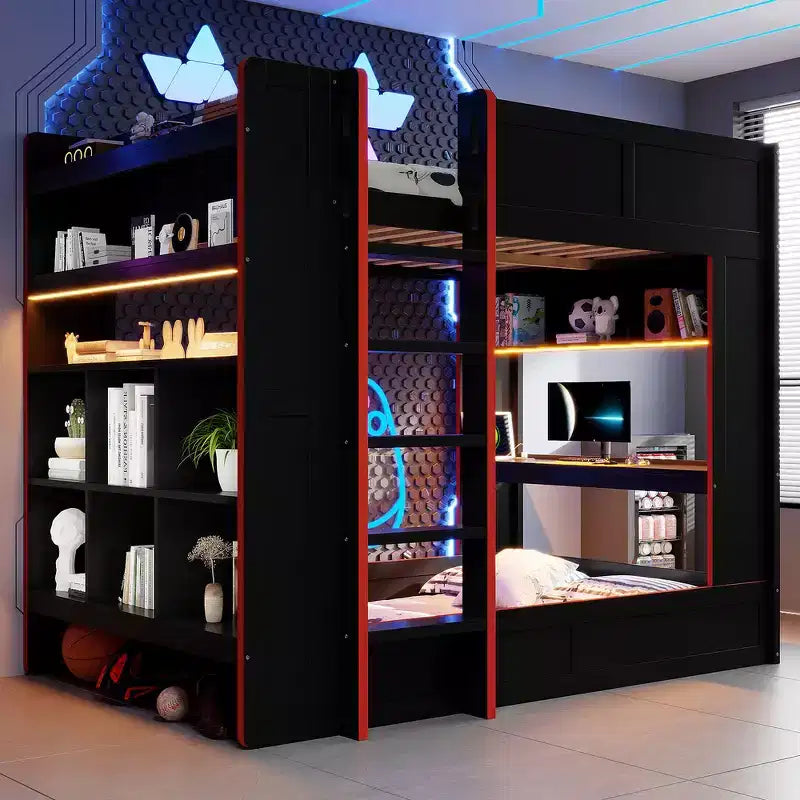 Lit superposé Whisen en bois massif pour gamer avec bureau intégré et étagères de rangement - Noir