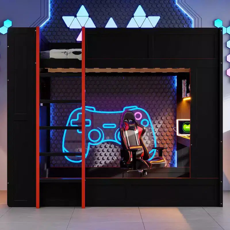 Lit superposé Whisen en bois massif pour gamer avec bureau intégré et étagères de rangement - Noir