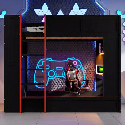 Lit superposé Whisen en bois massif pour gamer avec bureau intégré et étagères de rangement - Noir