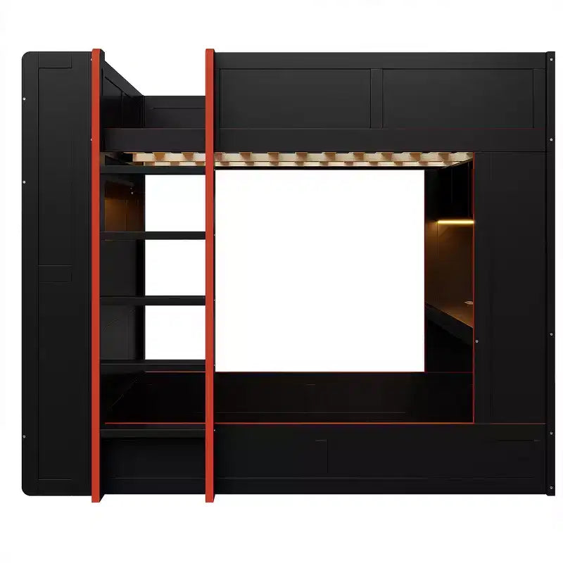 Lit superposé Whisen en bois massif pour gamer avec bureau intégré et étagères de rangement - Noir