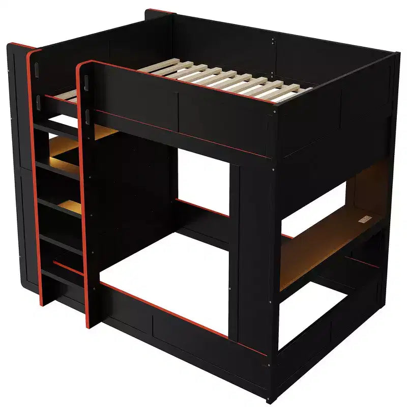 Lit superposé Whisen en bois massif pour gamer avec bureau intégré et étagères de rangement - Noir
