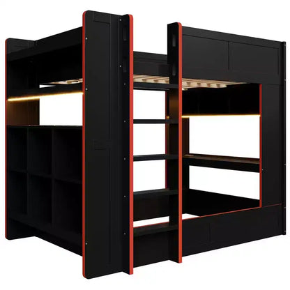 Lit superposé Whisen en bois massif pour gamer avec bureau intégré et étagères de rangement - Noir