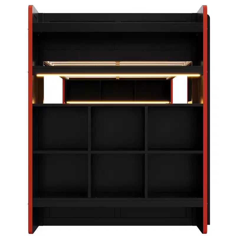Lit superposé Whisen en bois massif pour gamer avec bureau intégré et étagères de rangement - Noir