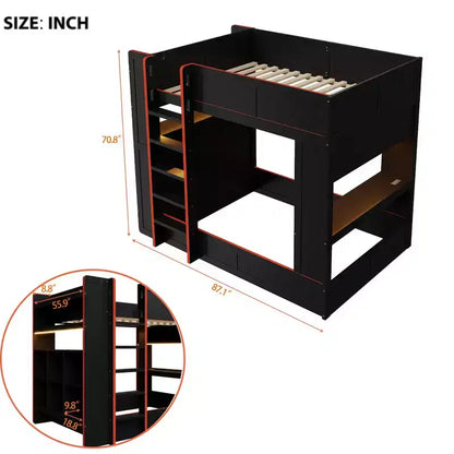 Lit superposé Whisen en bois massif pour gamer avec bureau intégré et étagères de rangement - Noir