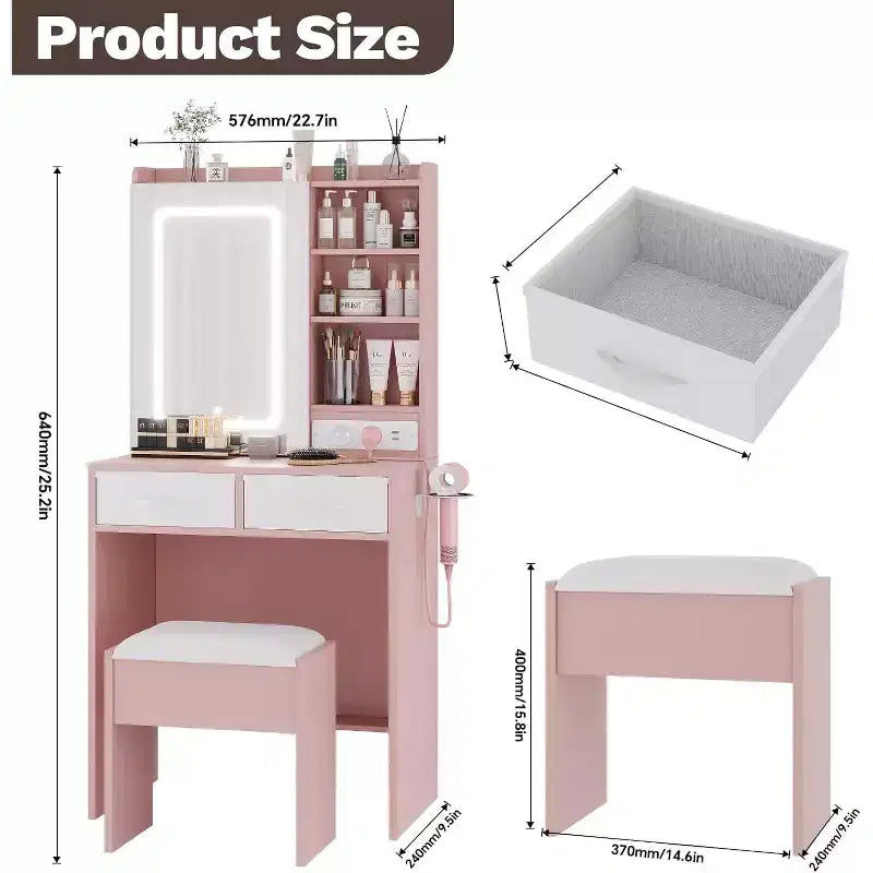 Coiffeuse de Maquillage avec Miroir et Lumières, Ensemble Coiffeuse avec Chaise, Table de Maquillage avec Tiroirs et Prise de Courant pour Chambre d'Enfant Fille Petit Espace