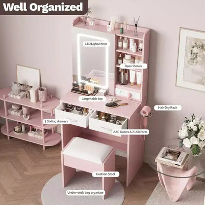 Coiffeuse de Maquillage avec Miroir et Lumières, Ensemble Coiffeuse avec Chaise, Table de Maquillage avec Tiroirs et Prise de Courant pour Chambre d'Enfant Fille Petit Espace