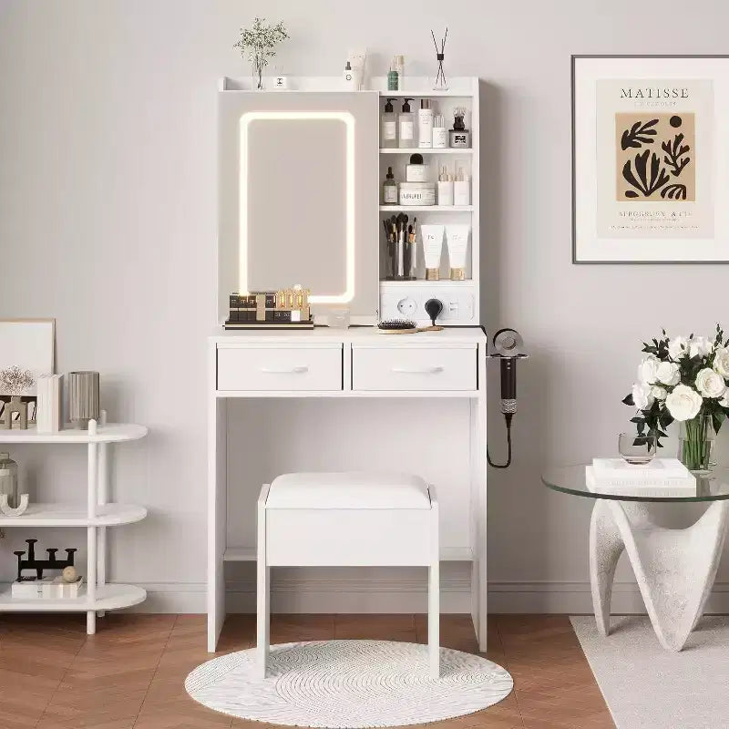 Coiffeuse de Maquillage avec Miroir et Lumières, Ensemble Coiffeuse avec Chaise, Table de Maquillage avec Tiroirs et Prise de Courant pour Chambre d'Enfant Fille Petit Espace