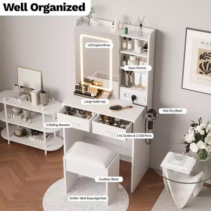 Coiffeuse de Maquillage avec Miroir et Lumières, Ensemble Coiffeuse avec Chaise, Table de Maquillage avec Tiroirs et Prise de Courant pour Chambre d'Enfant Fille Petit Espace