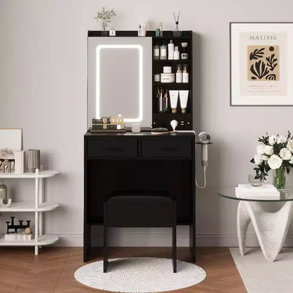 Coiffeuse de Maquillage avec Miroir et Lumières, Ensemble Coiffeuse avec Chaise, Table de Maquillage avec Tiroirs et Prise de Courant pour Chambre d'Enfant Fille Petit Espace