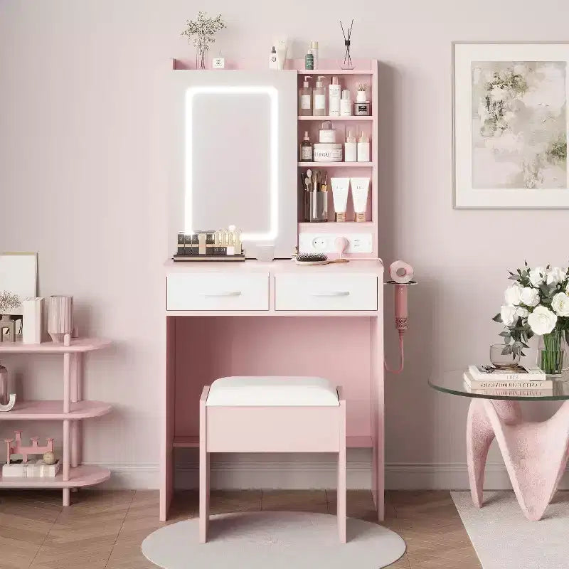 Coiffeuse de Maquillage avec Miroir et Lumières, Ensemble Coiffeuse avec Chaise, Table de Maquillage avec Tiroirs et Prise de Courant pour Chambre d'Enfant Fille Petit Espace