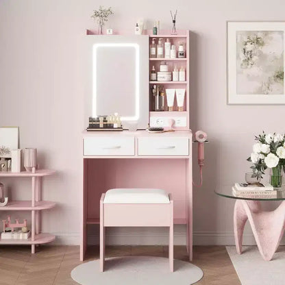 Coiffeuse de Maquillage avec Miroir et Lumières, Ensemble Coiffeuse avec Chaise, Table de Maquillage avec Tiroirs et Prise de Courant pour Chambre d'Enfant Fille Petit Espace