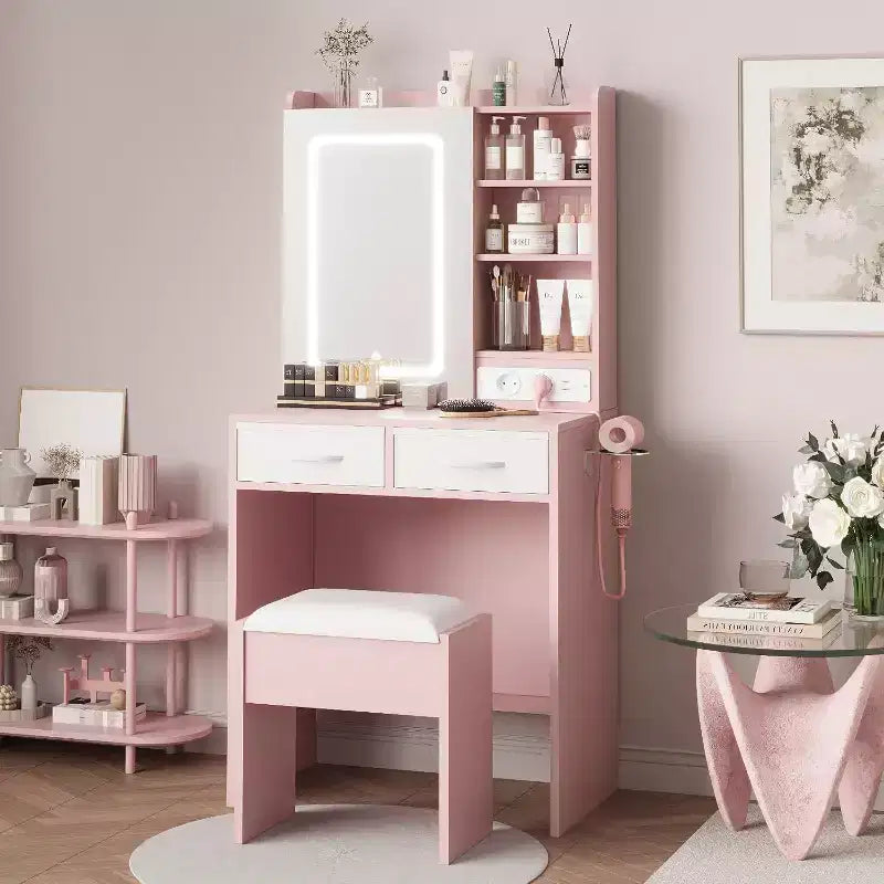Coiffeuse de Maquillage avec Miroir et Lumières, Ensemble Coiffeuse avec Chaise, Table de Maquillage avec Tiroirs et Prise de Courant pour Chambre d'Enfant Fille Petit Espace