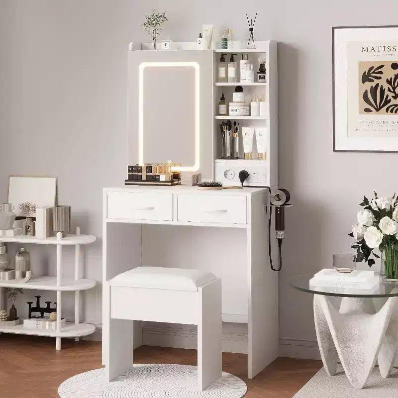 Coiffeuse de Maquillage avec Miroir et Lumières, Ensemble Coiffeuse avec Chaise, Table de Maquillage avec Tiroirs et Prise de Courant pour Chambre d'Enfant Fille Petit Espace