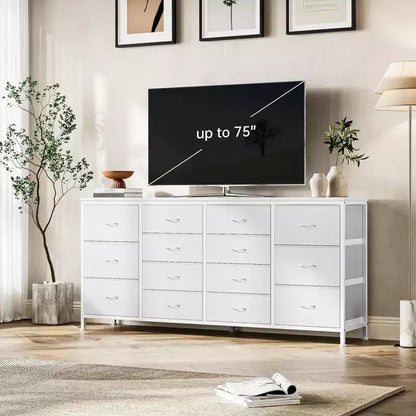 Meuble TV large de 63 po en tissu avec 14 tiroirs, grand centre de divertissement pour téléviseurs de 65 à 75 po avec prises électriques intégrées, pour chambre à coucher, penderie, salon