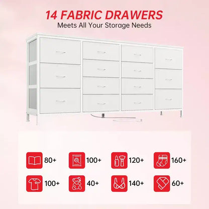 Meuble TV large de 63 po en tissu avec 14 tiroirs, grand centre de divertissement pour téléviseurs de 65 à 75 po avec prises électriques intégrées, pour chambre à coucher, penderie, salon