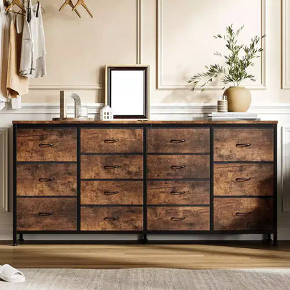 Meuble TV large de 63 po en tissu avec 14 tiroirs, grand centre de divertissement pour téléviseurs de 65 à 75 po avec prises électriques intégrées, pour chambre à coucher, penderie, salon