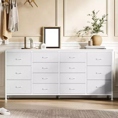 Meuble TV large de 63 po en tissu avec 14 tiroirs, grand centre de divertissement pour téléviseurs de 65 à 75 po avec prises électriques intégrées, pour chambre à coucher, penderie, salon