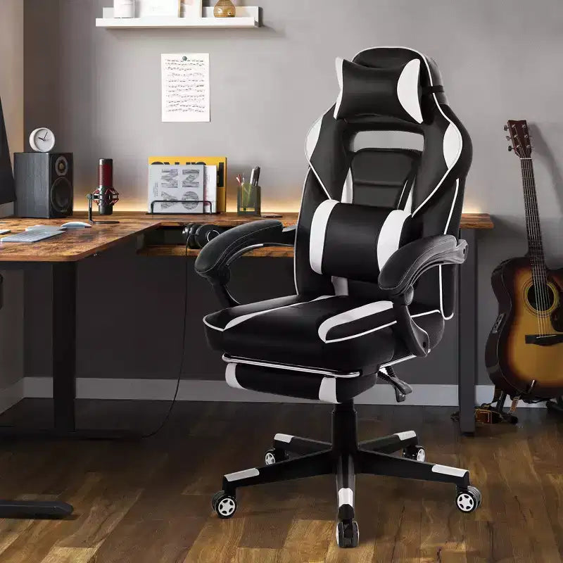COZONY Chaise de bureau haute, Fauteuil de jeu de direction en cuir à dossier haut avec repose-pieds, Chaise d'ordinateur ergonomique avec support lombaire, appui-tête pivotant à 360°
