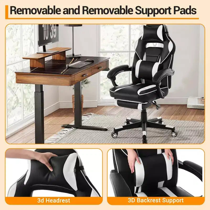 COZONY Chaise de bureau haute, Fauteuil de jeu de direction en cuir à dossier haut avec repose-pieds, Chaise d'ordinateur ergonomique avec support lombaire, appui-tête pivotant à 360°