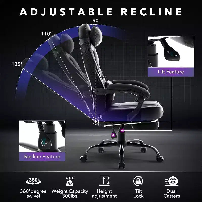COZONY Chaise de bureau haute, Fauteuil de jeu de direction en cuir à dossier haut avec repose-pieds, Chaise d'ordinateur ergonomique avec support lombaire, appui-tête pivotant à 360°