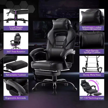 COZONY Chaise de bureau haute, Fauteuil de jeu de direction en cuir à dossier haut avec repose-pieds, Chaise d'ordinateur ergonomique avec support lombaire, appui-tête pivotant à 360°