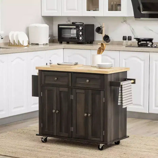 Okak Modern Kitchen Island On Wheels with Spice Rack, Kitchen Cart with 2 Drawers and 4 Cabinet Doors, Countertop Organizer for Kitchen, Brown Oak