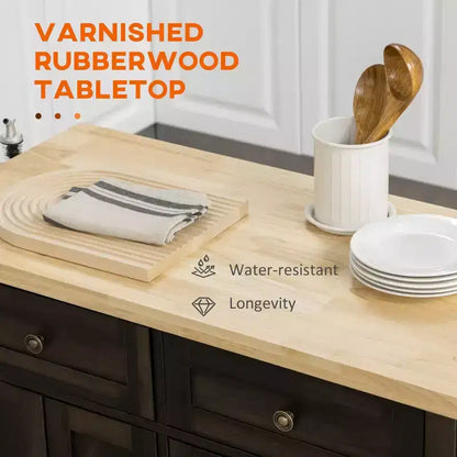 Îlot de cuisine moderne Okak sur roulettes avec étagère à épices, chariot de cuisine avec 2 tiroirs et 4 portes d'armoire, organisateur de comptoir pour cuisine, chêne brun