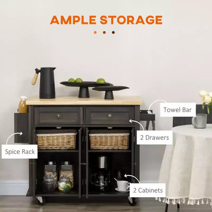 Îlot de cuisine moderne Okak sur roulettes avec étagère à épices, chariot de cuisine avec 2 tiroirs et 4 portes d'armoire, organisateur de comptoir pour cuisine, chêne brun
