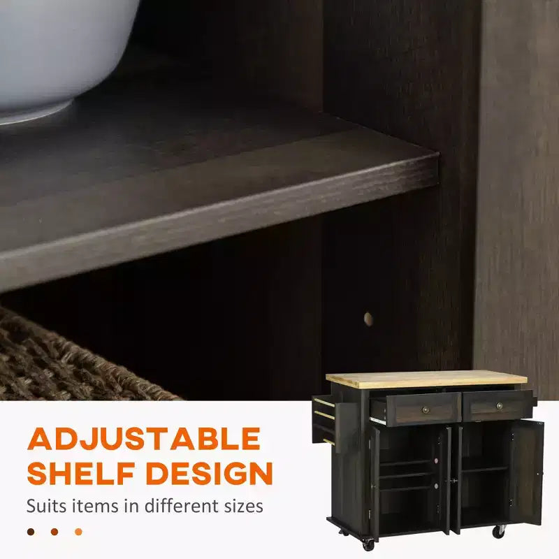 Îlot de cuisine moderne Okak sur roulettes avec étagère à épices, chariot de cuisine avec 2 tiroirs et 4 portes d'armoire, organisateur de comptoir pour cuisine, chêne brun