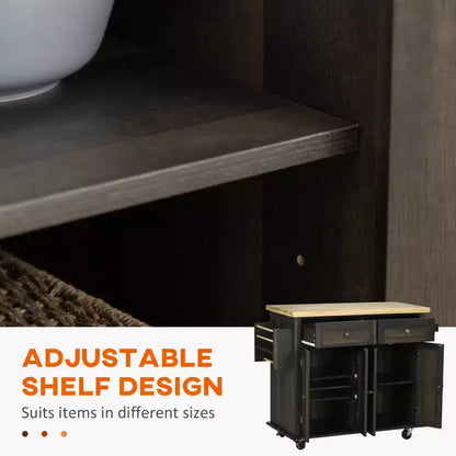 Îlot de cuisine moderne Okak sur roulettes avec étagère à épices, chariot de cuisine avec 2 tiroirs et 4 portes d'armoire, organisateur de comptoir pour cuisine, chêne brun