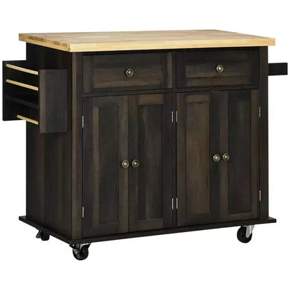 Îlot de cuisine moderne Okak sur roulettes avec étagère à épices, chariot de cuisine avec 2 tiroirs et 4 portes d'armoire, organisateur de comptoir pour cuisine, chêne brun