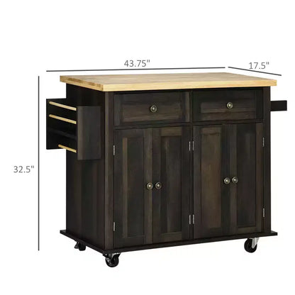 Îlot de cuisine moderne Okak sur roulettes avec étagère à épices, chariot de cuisine avec 2 tiroirs et 4 portes d'armoire, organisateur de comptoir pour cuisine, chêne brun