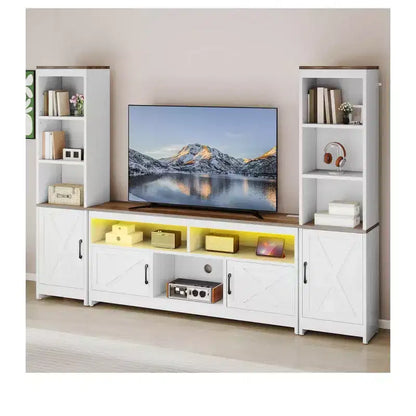 Meuble TV de ferme pour téléviseur de 65 pouces, centre de divertissement à LED avec rangement et prises de courant, meuble TV avec étagères pour salon