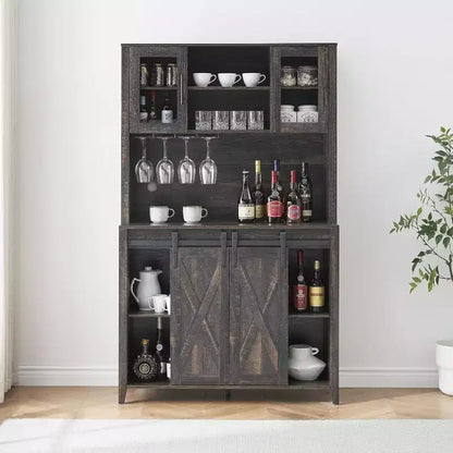 Buffet de bar à café de ferme de 70 po avec porte coulissante, grand rangement avec 7 étagères réglables