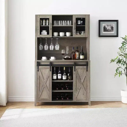 Buffet de bar à café de ferme de 70 po avec porte coulissante, grand rangement avec 7 étagères réglables