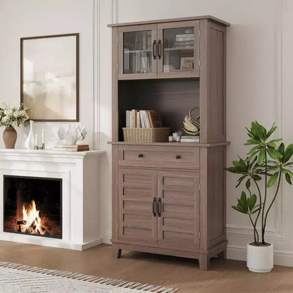 Meuble de rangement haut de cuisine de 183 cm, armoire de cuisine avec support pour micro-ondes, buffet avec tiroirs et portes vitrées pour salle à manger