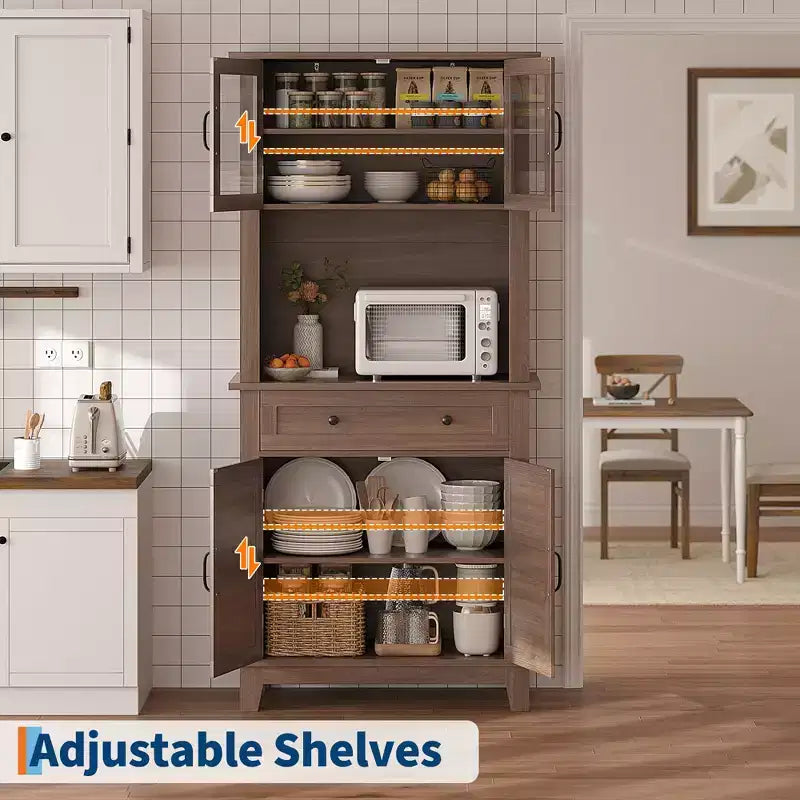 Meuble de rangement haut de cuisine de 183 cm, armoire de cuisine avec support pour micro-ondes, buffet avec tiroirs et portes vitrées pour salle à manger