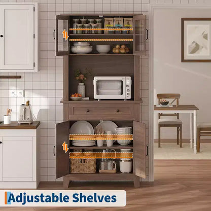 Meuble de rangement haut de cuisine de 183 cm, armoire de cuisine avec support pour micro-ondes, buffet avec tiroirs et portes vitrées pour salle à manger