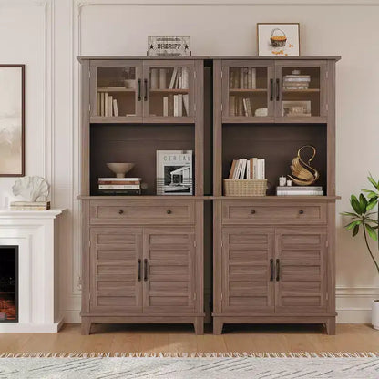 Meuble de rangement haut de cuisine de 183 cm, armoire de cuisine avec support pour micro-ondes, buffet avec tiroirs et portes vitrées pour salle à manger
