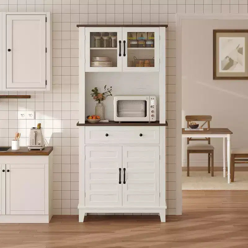 Meuble de rangement haut de cuisine de 183 cm, armoire de cuisine avec support pour micro-ondes, buffet avec tiroirs et portes vitrées pour salle à manger